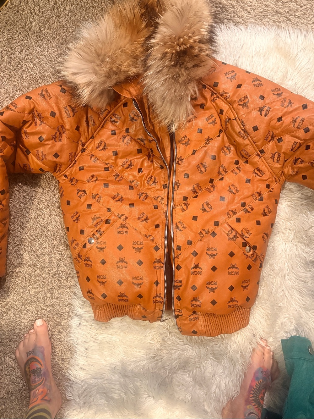Cognac Logo Quilted Puffer Jacket with Fur Trim